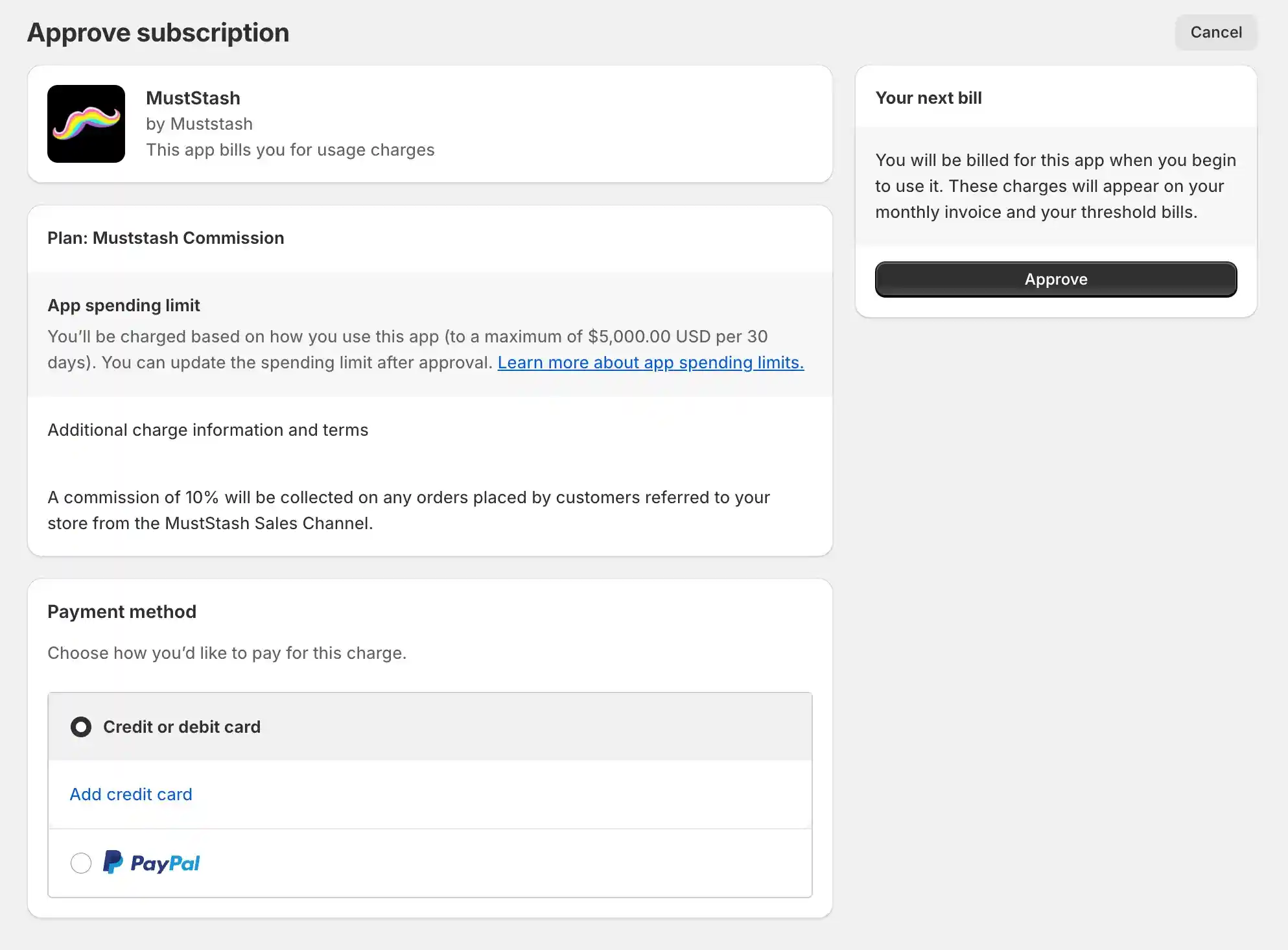 Shopify subscription approval screen