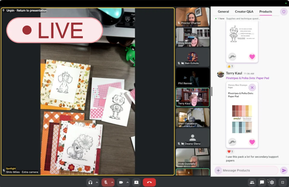 A MustStash Live session with crafters on video, a shared craft table, and a products chat