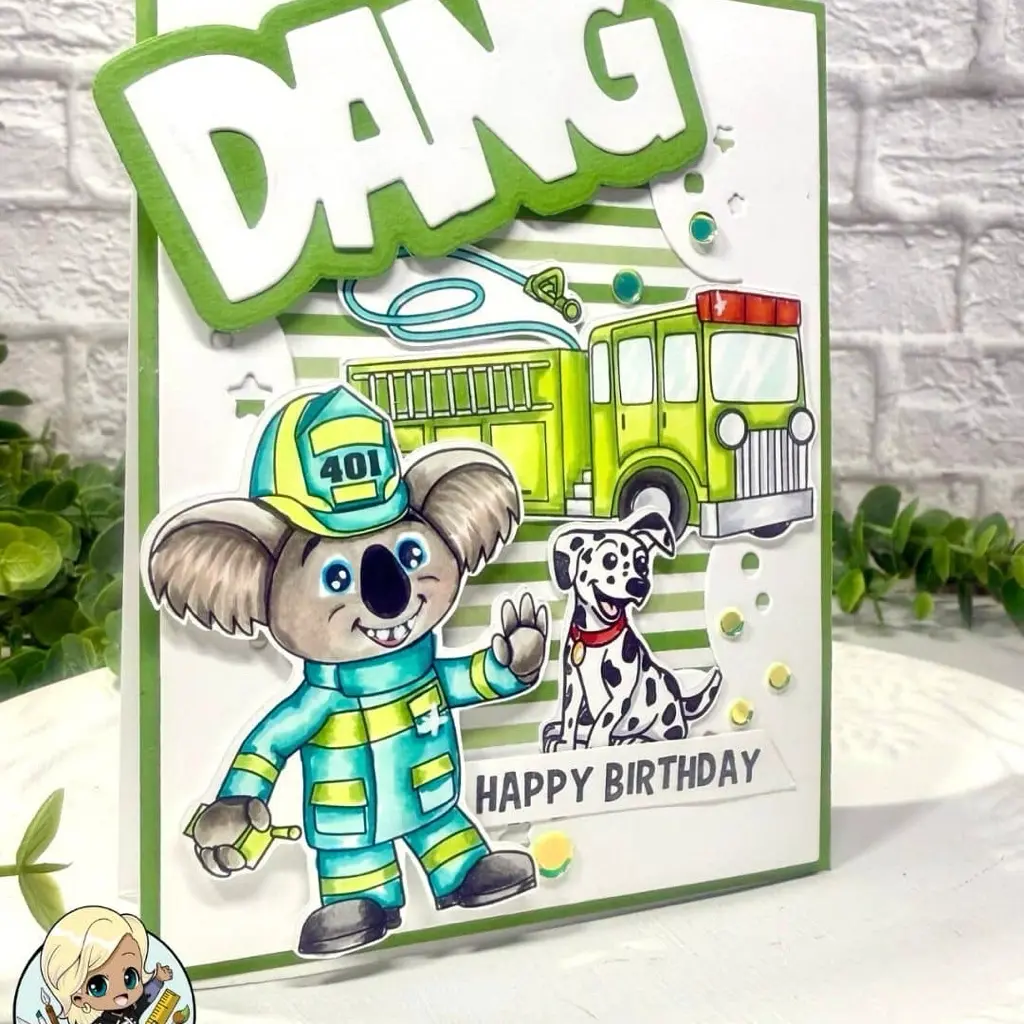 Firefighter Koala Stamp, Lime Green Fire Truck