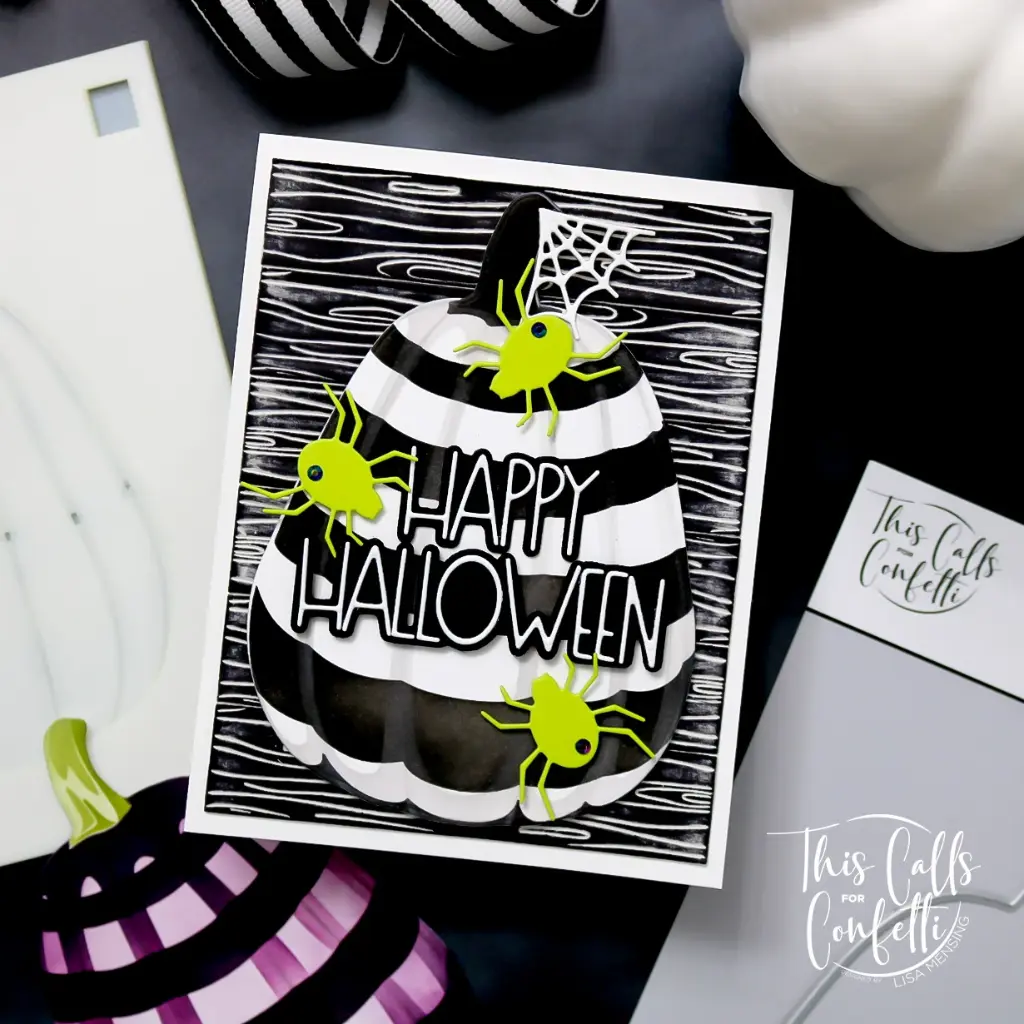 Striped Pumpkin Halloween Card with Neon Spiders
